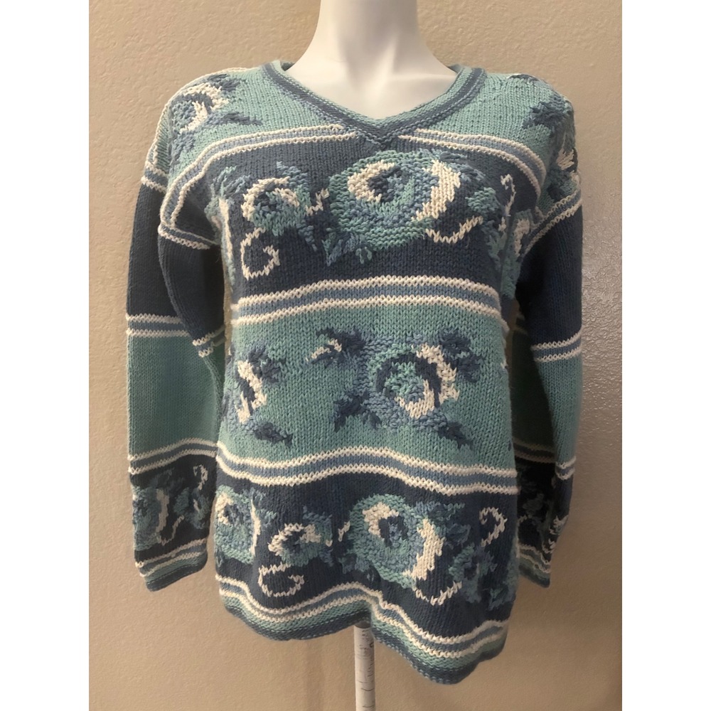 Vintage ID Distinctions Blue Floral Knit V-Neck Sweater Ramie Cotton Small